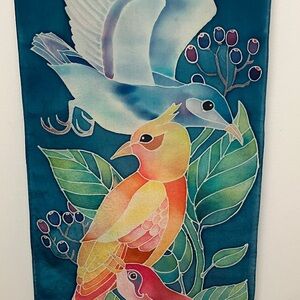 Silk scarf, hand painted, long oblong, bird pattern, indigo blue, green, yellow